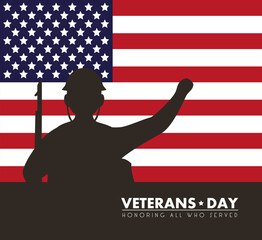 happy veterans day lettering with usa flag and soldier silhouette
