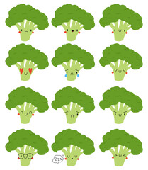 Set Kawaii Cartoon Broccoli. Vector Illustration EPS. 