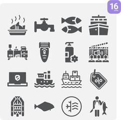 Simple set of fishing related filled icons.