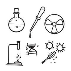 hand drawn set of Chemistry lab and diagrammatic icons showing assorted experiments, glassware and molecules isolated on white for design elements in doodle style