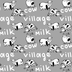 Black and white seamless pattern with cows drawn by hand