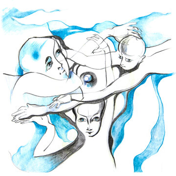 Three people embrace.Black and blue pencil graphics. Psychedelic. Family ties and relationships. Incomplete family. Love, mutual understanding. Illustration of relationships . Associations.