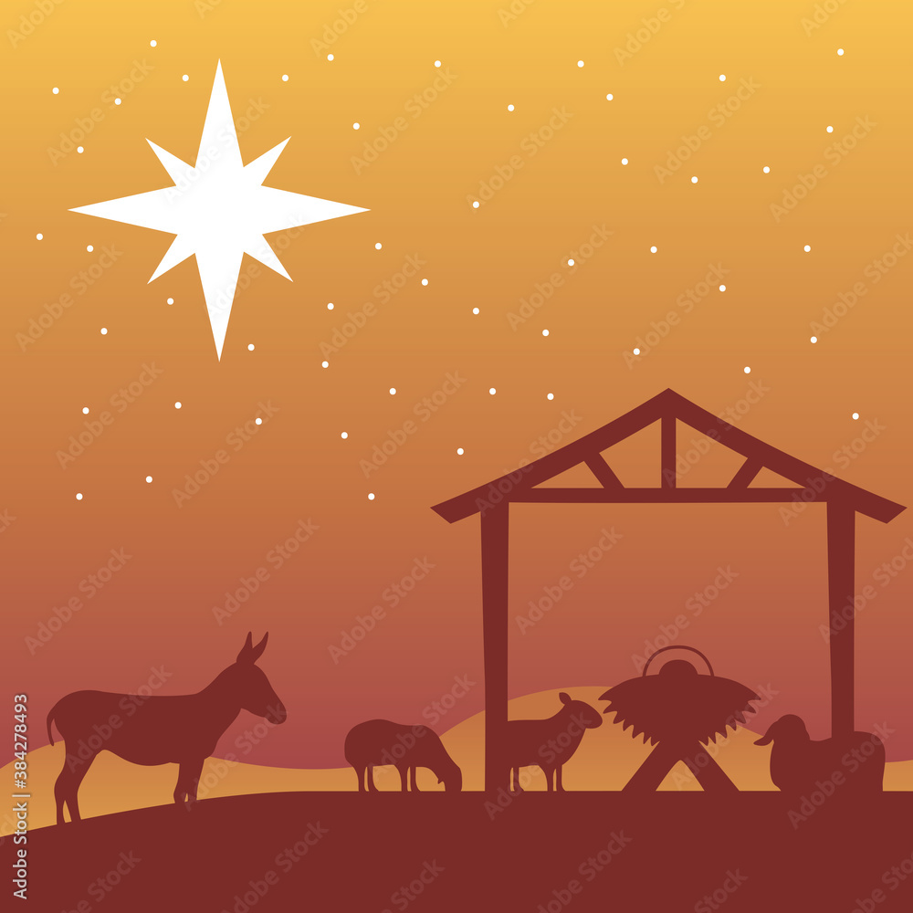 Wall mural happy merry christmas manger scene with baby and animals in stable