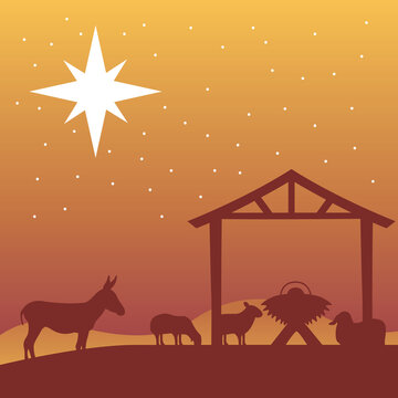 happy merry christmas manger scene with baby and animals in stable