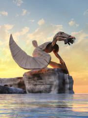 Dorygnathus is an extinct pterosaur that flew in the Jurassic era skies. It had wicked sharp teeth that it used to seize fish. Here a light grey one sits on a rock by calm waters with a fish it caught © Daniel Eskridge
