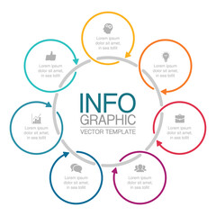 Vector infographic template, circle with 7 steps or options. Data presentation, business concept design for web, brochure, diagram.