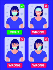How to wear medical face mask properly. Instruction for personal hygiene during coronavirus. Girl characters wearing right and wrong way of surgical mask or face covering. 