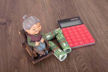 Granny model and calculator and euro banknotes on the table