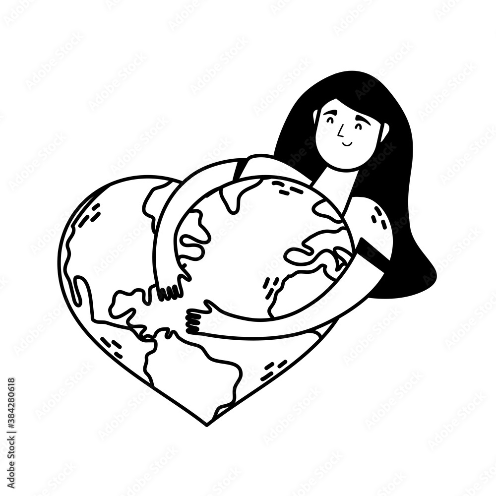 Poster woman huging world planet earth with hearted shape