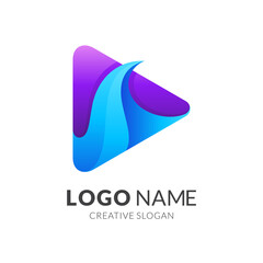 wave play logo, wave and play button, combination logo with 3d style