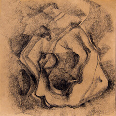 The figure of a woman.Graphics.Association with negative feelings.Drawing in black chalk on Kraft paper.Picture, Wallpaper on the wall or background. Psychedelic illustration.Psychology of relationshi