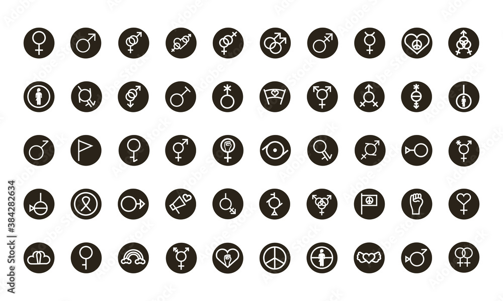 Sticker bundle of fifty gender symbols of sexual orientation block style icons