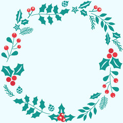 Fototapeta na wymiar Christmas Wreath branch in hand drawn style. Floral round green and red frame of twigs, leaves and flowers. Frames for the Christmas, wedding decor, logo and identity template.