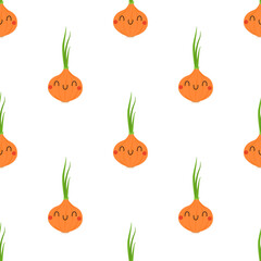 Kawaii Cartoon Onion. Seamless Vector Patterns