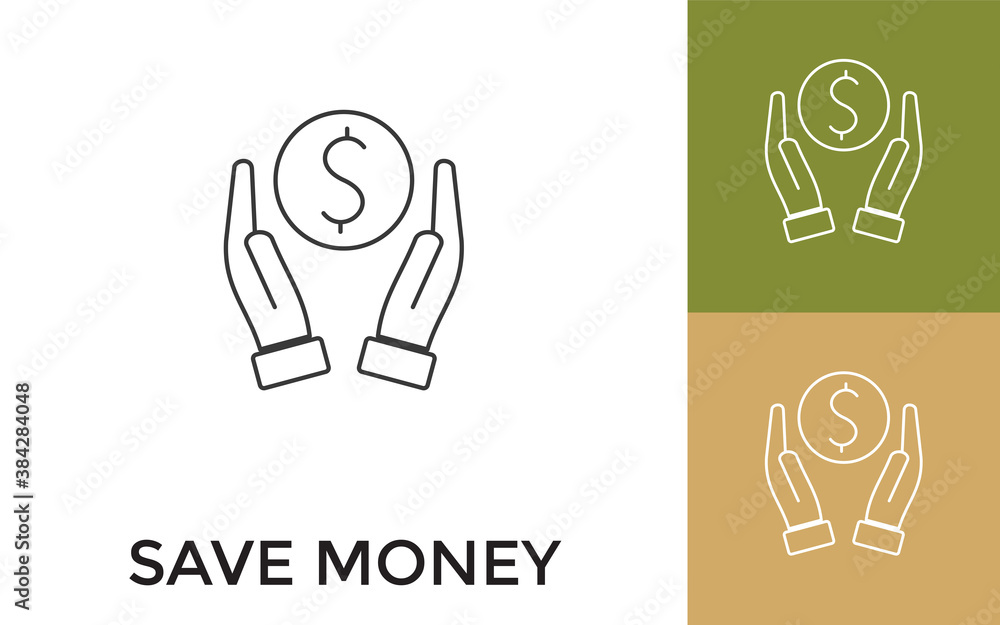 Poster editable save money thin line icon with title. useful for mobile application, website, software and 
