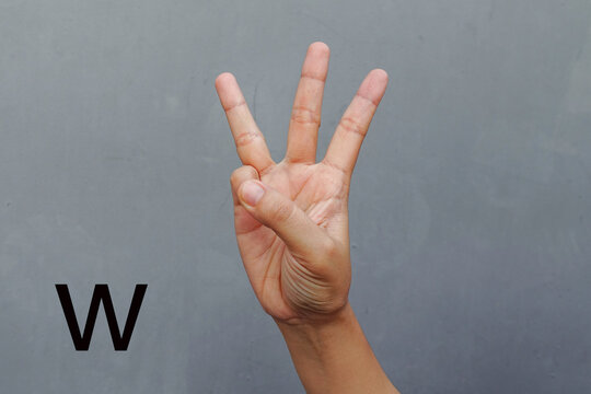 Hand Showing Sign of W Alphabet, isolated on grey background. Sign language  
