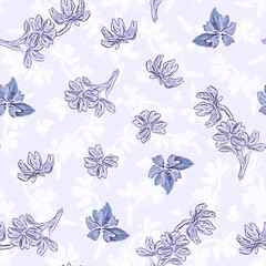 Blue flowers on light blue background. Botanical pattern in chinese style