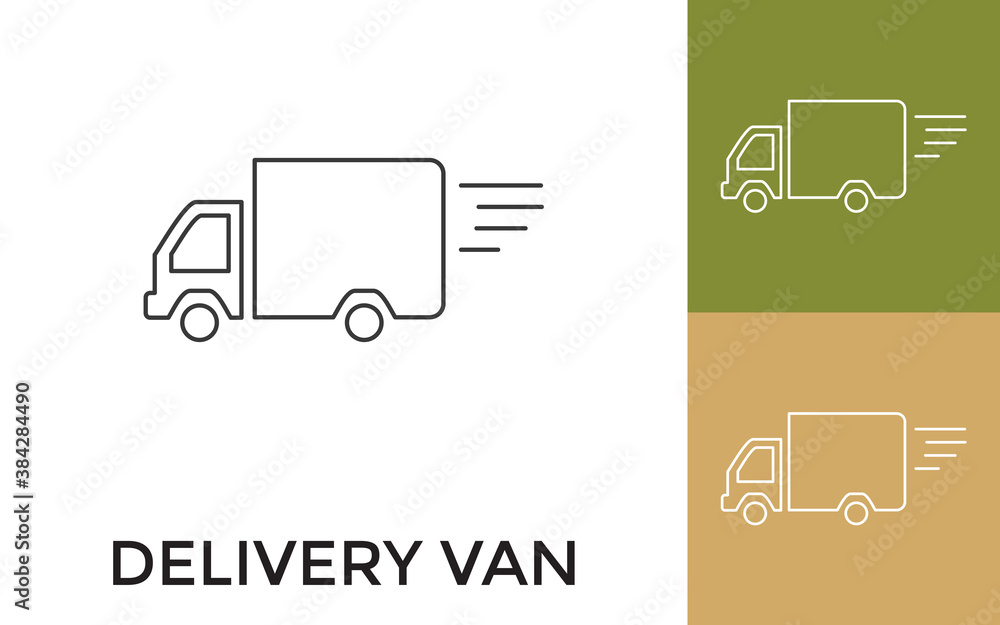 Poster editable delivery van thin line icon with title. useful for mobile application, website, software an