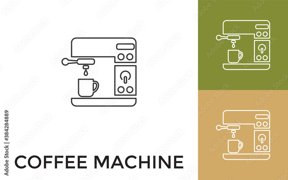 Poster editable coffee machine thin line icon with title. useful for mobile application, website, software 