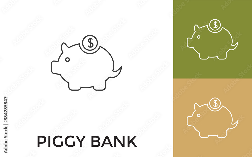 Poster editable piggy bank thin line icon with title. useful for mobile application, website, software and 