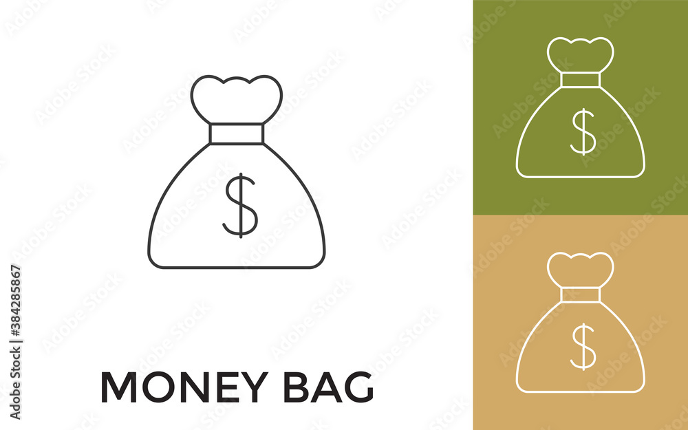 Poster editable money bag thin line icon with title. useful for mobile application, website, software and p