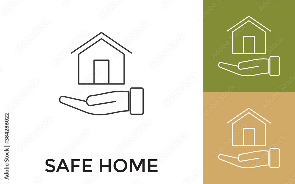 Poster editable safe home thin line icon with title. useful for mobile application, website, software and p