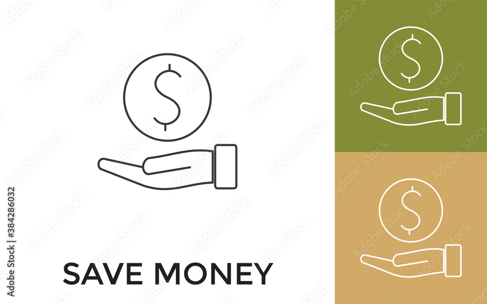 Aufkleber editable save money thin line icon with title. useful for mobile application, website, software and 