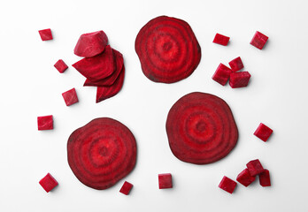 Cut fresh beet on light background, flat lay