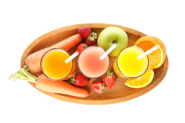 Glasses of delicious juices and fresh ingredients on white background, top view