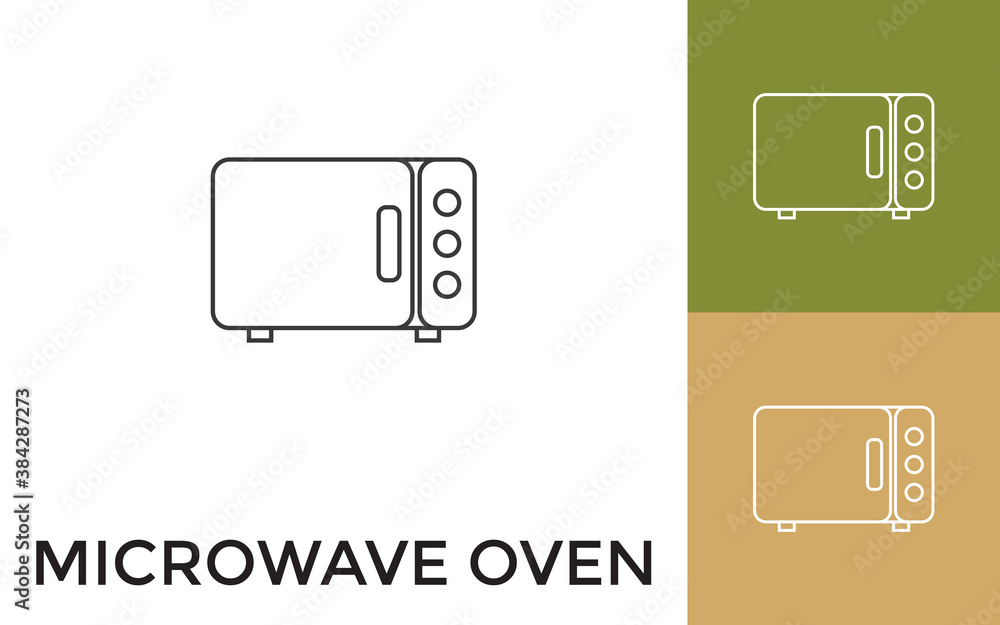 Poster editable microwave oven thin line icon with title. useful for mobile application, website, software 
