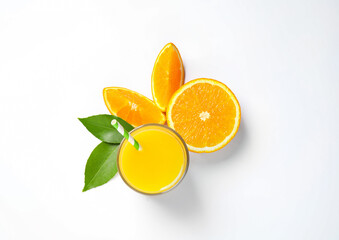 Glass of orange juice and fresh fruits on white background, top view