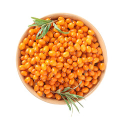 Fresh ripe sea buckthorn berries in bowl isolated on white, top view