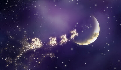 Fototapeta na wymiar Magic Christmas eve. Santa with reindeers flying in sky at night