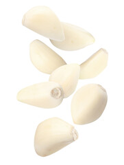 Many garlic cloves falling on white background