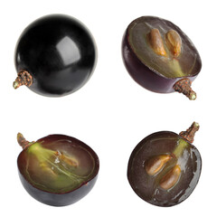 Set of cut and whole grapes on white background