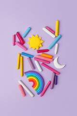 Minimal Abstract purple pastel background with colorful wax chalk, Concept of pop art culture, 80s,...