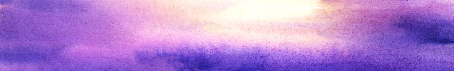 Abstract watercolor background. Horizontal backdrop with dark blue and purple borders graduating to light lilac and shining beige color. Hand drawn illustration of cloudy sunset sky on textured paper