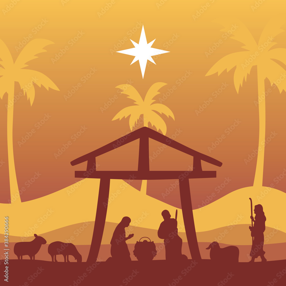 Canvas Prints happy merry christmas manger scene with holy family in stable and animals sunset