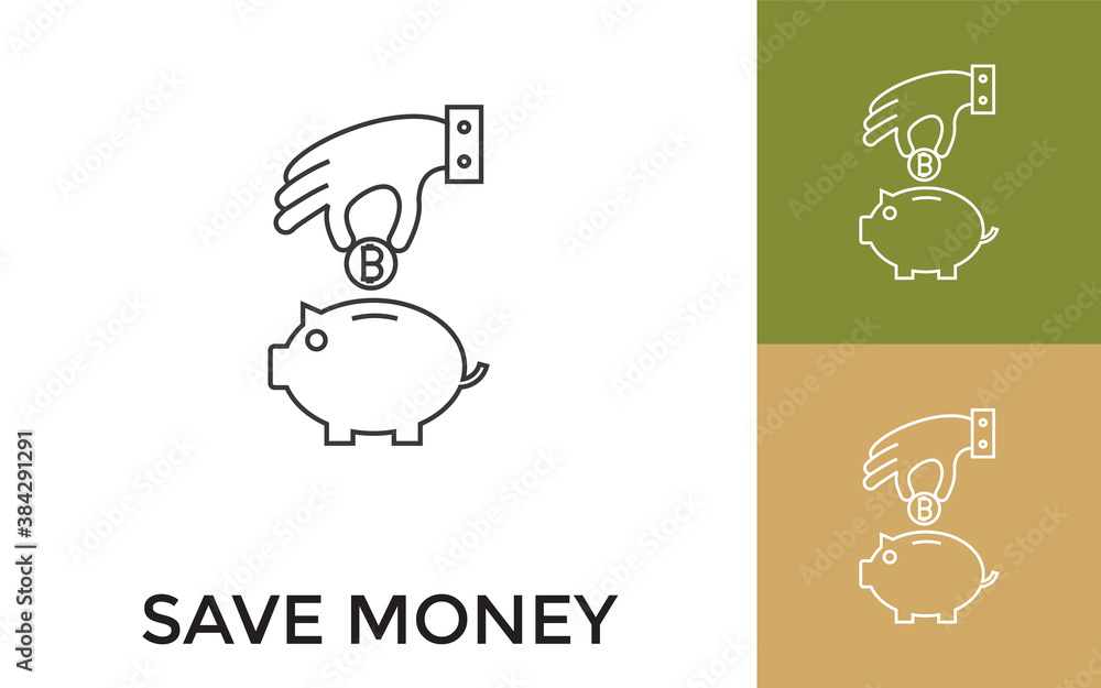 Poster editable save money in piggy bank thin line icon with title. useful for mobile application, website,