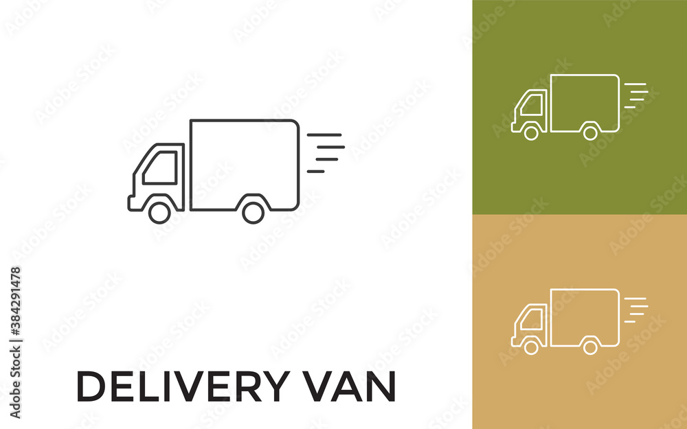 Poster editable delivery van thin line icon with title. useful for mobile application, website, software an
