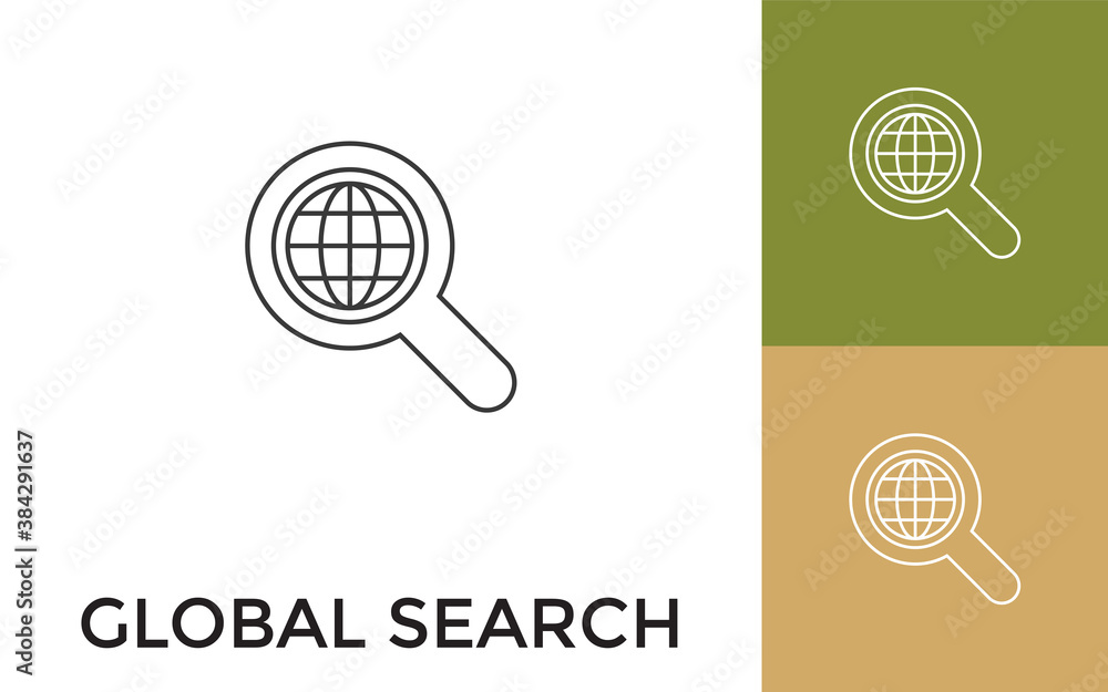 Poster Editable Global Search Thin Line Icon with Title. Useful For Mobile Application, Website, Software and Print Media.