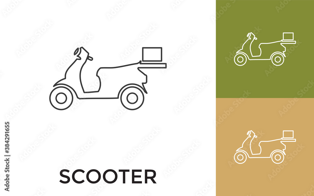 Poster editable scooter thin line icon with title. useful for mobile application, website, software and pri