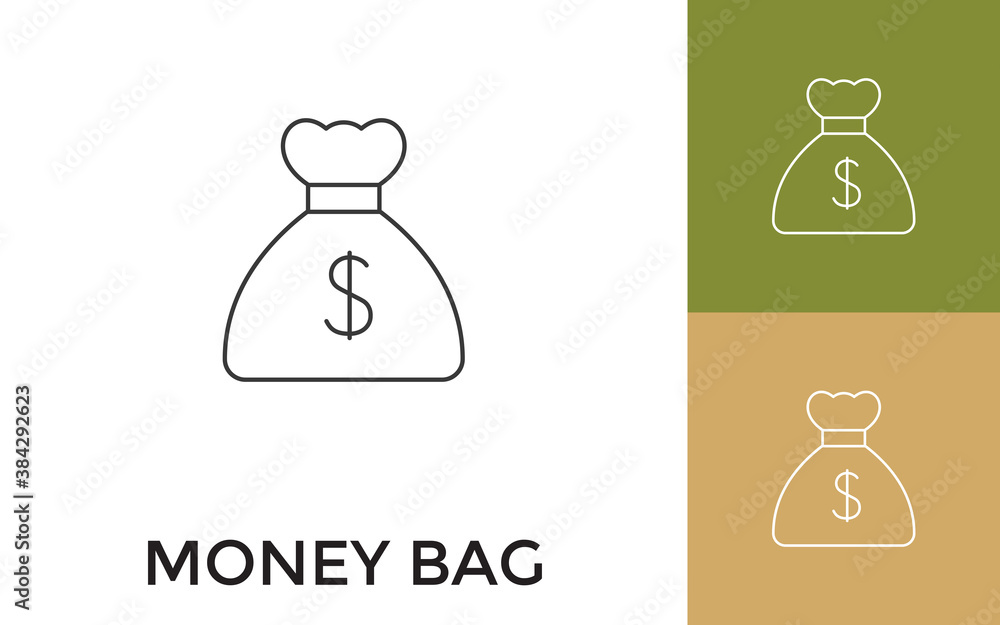 Poster editable money bag thin line icon with title. useful for mobile application, website, software and p