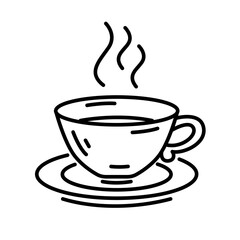 A cup with a hot drink, tea, coffee. Vector outline icon. Isolated on white.