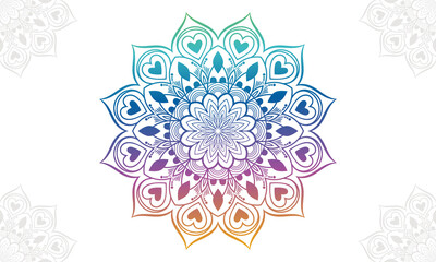 Gradient colorful mandala background with floral ornament pattern. Hand drawn mandala design. Vector mandala template for decoration invitation, cards, wedding, logos, cover, brochure, flyer, banner.