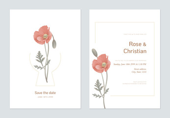 Floral wedding invitation card template design, red poppy flowers with leaves on white