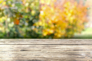 Naklejka na ściany i meble wooden table in front of colorful autumn landscape