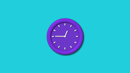 Amazing purple color 3d wall clock isolated on cyan background,12 hours wall clock