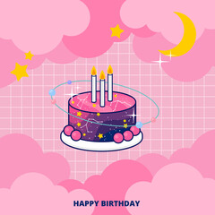 Cute fantasy galaxy birthday cake on pink background invitation card