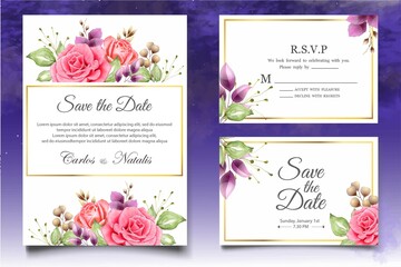 Watercolor wedding invitation floral and leaves card template